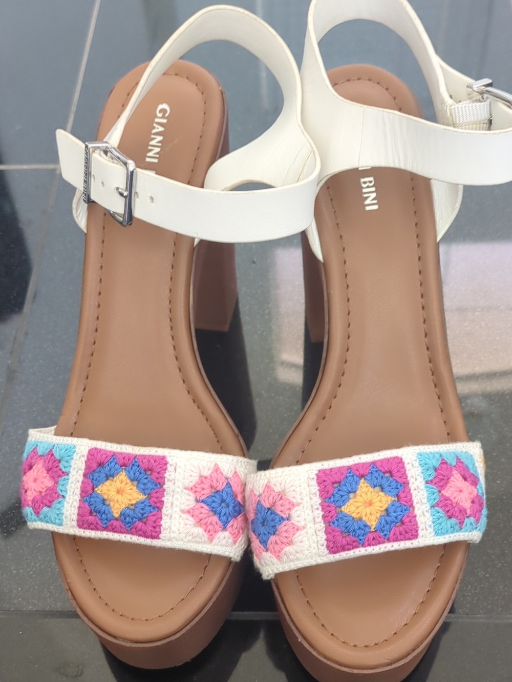 Gianni Bini White Platform Sandals with Colorful Crochet Band